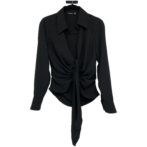 boohoo Black Woven Tie Front plunge neck cropped Shirt size 2 - Picture 2 of 15